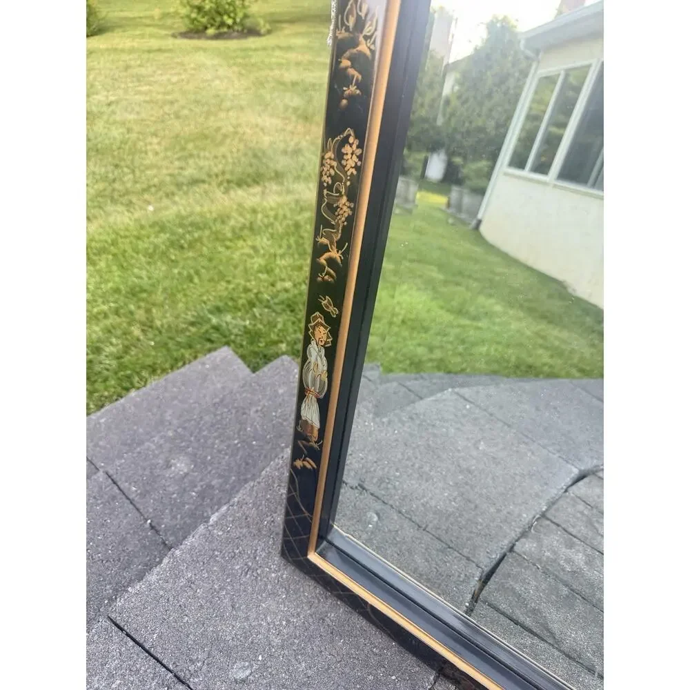 Chinoiserie Black Lacquer Mirror Gold Asian Pagoda Beveled Wall Mirror 43x25”